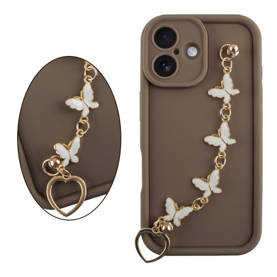 VOLTE-TEL SILICON TPU WITH STRAP ΘΗΚΗ IPHONE 17 6.3in  FULL CAMERA PROTECTION BROWN WITH WHITE BUTTERFLIES