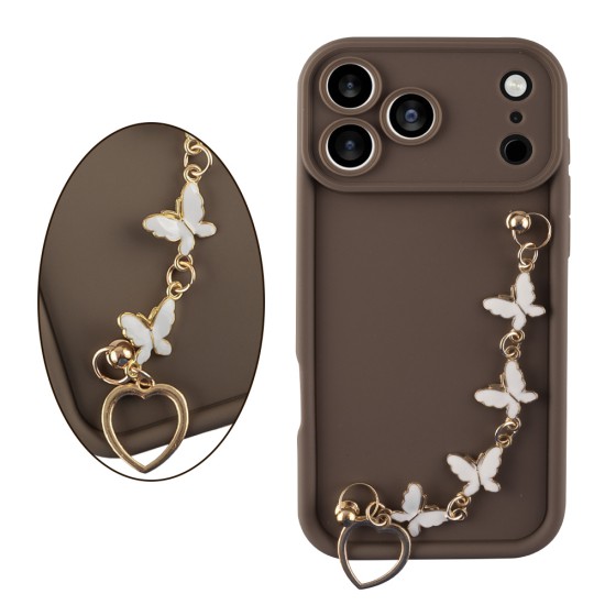VOLTE-TEL SILICON TPU WITH STRAP ΘΗΚΗ IPHONE 17 PRO 6.3in  FULL CAMERA PROTECTION BROWN WITH WHITE BUTTERFLIES