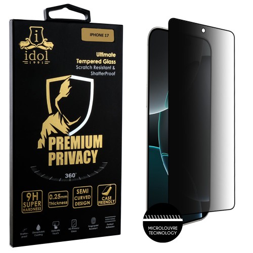 IDOL 1991 PREMIUM PRIVACY ANTISPY TEMPERED GLASS IPHONE 17 6.3in 9H 0.25mm SEMI CURVED FULL GLUE BLACK