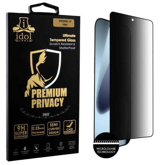 IDOL 1991 PREMIUM PRIVACY ANTISPY TEMPERED GLASS IPHONE 17 PRO 6.3in 9H 0.25mm SEMI CURVED FULL GLUE BLACK