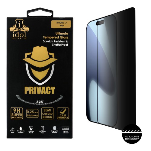 IDOL 1991 PRIVACY ANTISPY TEMPERED GLASS IPHONE 17 PRO 6.3in 9H 0.25mm SEMI CURVED FULL GLUE BLACK