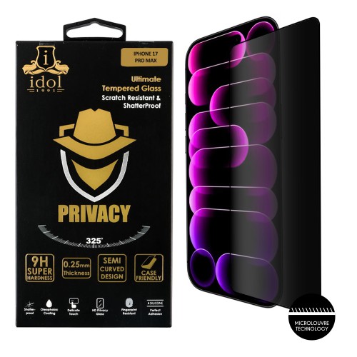 IDOL 1991 PRIVACY ANTISPY TEMPERED GLASS IPHONE 17 PRO MAX 6.9in 9H 0.25mm SEMI CURVED FULL GLUE BLACK