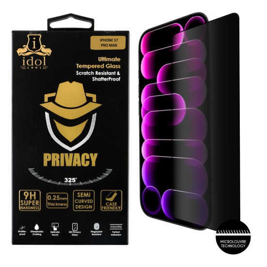 IDOL 1991 PRIVACY ANTISPY TEMPERED GLASS IPHONE 17 PRO MAX 6.9in 9H 0.25mm SEMI CURVED FULL GLUE BLACK