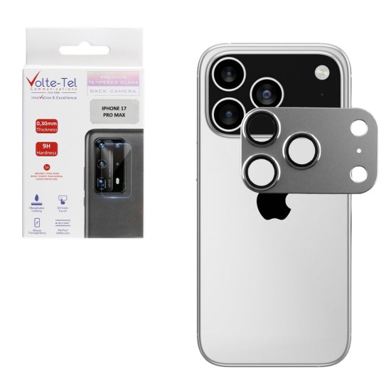 VOLTE-TEL CAMERA GLASS COVER IPHONE 17 PRO MAX 6.9in 9H 0.30MM 3D AR ALUMINIUM-ELECTROPLATING FRAME SILVER