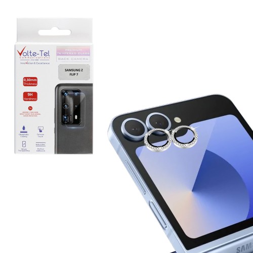 VOLTE-TEL CAMERA GLASS COVER SAMSUNG Z FLIP 7 5G F766 6.9in 9H 0.33MM EASY APPLICATION WITH STRASS SILVER