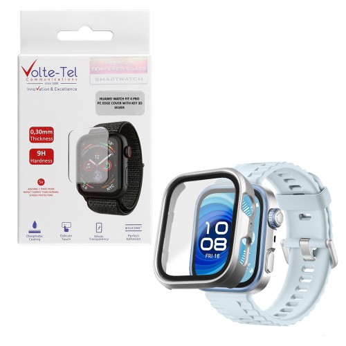 VOLTE-TEL PC EDGE COVER TEMPERED GLASS HUAWEI WATCH FIT 4 PRO 45mm 1.82in 9H 0.30mm WITH KEY 3D FULL GLUE FULL COVER SILVER