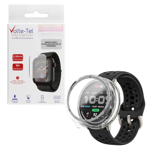 VOLTE-TEL PC EDGE COVER TEMPERED GLASS WATCH AMAZFIT ACTIVE 2 1.32in 9H 0.30mm WITH KEY 3D FULL GLUE FULL COVER TRANSPARENT