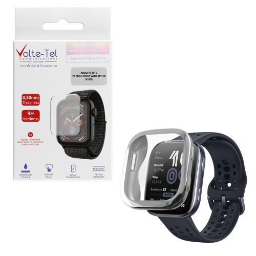 VOLTE-TEL TEMPERED GLASS AMAZFIT BIP 6 46mm 1.97in 9H 0.30mm EDGE WITH KEY 3D FULL COVER SILVER