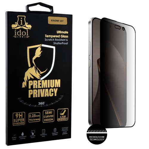 IDOL 1991 PREMIUM PRIVACY ANTISPY TEMPERED GLASS XIAOMI 15T 5G 6.83in 9H 0.25mm SEMI CURVED FULL GLUE BLACK