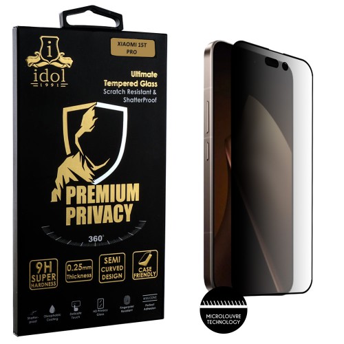 IDOL 1991 PREMIUM PRIVACY ANTISPY TEMPERED GLASS XIAOMI 15T PRO 5G 6.83in 9H 0.25mm SEMI CURVED FULL GLUE BLACK