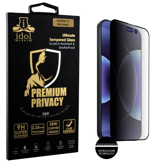 IDOL 1991 PREMIUM PRIVACY ANTISPY TEMPERED GLASS XIAOMI 17 PRO MAX 5G 6.9in 9H 0.25mm SEMI CURVED FULL GLUE BLACK