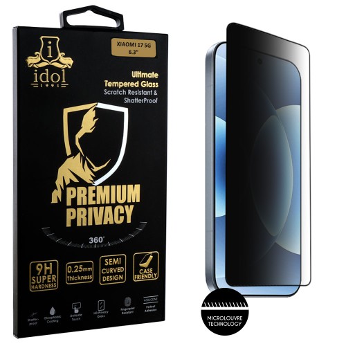 IDOL 1991 PREMIUM PRIVACY ANTISPY TEMPERED GLASS XIAOMI 17 5G 6.3in 9H 0.25mm SEMI CURVED FULL GLUE BLACK