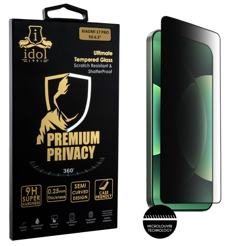 IDOL 1991 PREMIUM PRIVACY ANTISPY TEMPERED GLASS XIAOMI 17 PRO 5G 6.3in 9H 0.25mm SEMI CURVED FULL GLUE BLACK
