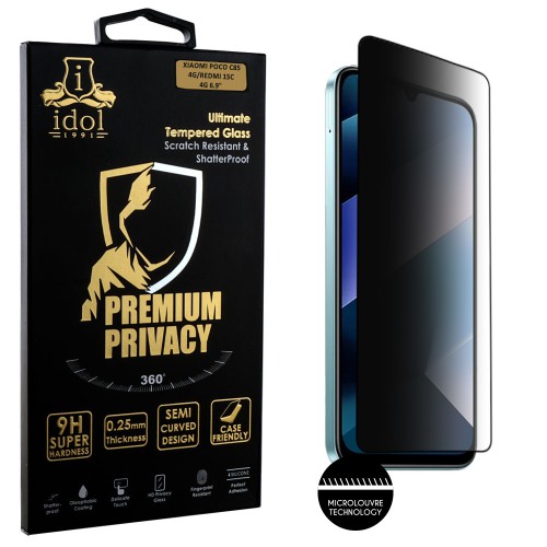 IDOL 1991 PREMIUM PRIVACY ANTISPY TEMPERED GLASS XIAOMI POCO C85 4G/REDMI 15C 4G 6.9in 9H 0.25mm SEMI CURVED FULL GLUE BLACK
