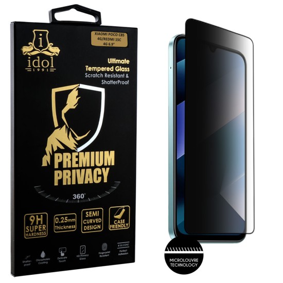 IDOL 1991 PREMIUM PRIVACY ANTISPY TEMPERED GLASS XIAOMI POCO C85 4G/REDMI 15C 4G 6.9in 9H 0.25mm SEMI CURVED FULL GLUE BLACK