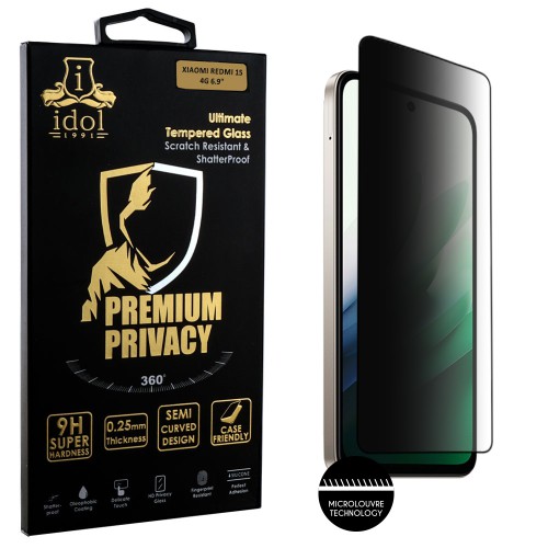 IDOL 1991 PREMIUM PRIVACY ANTISPY TEMPERED GLASS XIAOMI REDMI 15 4G 6.9in 9H 0.25mm SEMI CURVED FULL GLUE BLACK