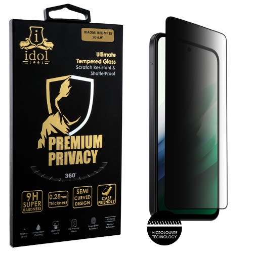 IDOL 1991 PREMIUM PRIVACY ANTISPY TEMPERED GLASS XIAOMI REDMI 15 5G 6.9in 9H 0.25mm SEMI CURVED FULL GLUE BLACK