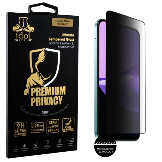 IDOL 1991 PREMIUM PRIVACY ANTISPY TEMPERED GLASS XIAOMI REDMI 15C 5G/POCO C85 5G 6.9in 9H 0.25mm SEMI CURVED FULL GLUE BLACK