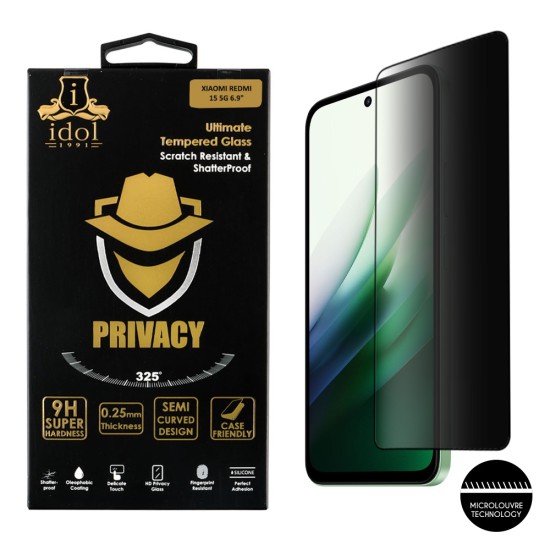 IDOL 1991 PRIVACY ANTISPY TEMPERED GLASS XIAOMI REDMI 15 5G 6.9in 9H 0.25mm SEMI CURVED FULL GLUE BLACK