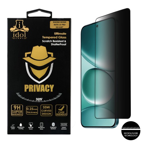 IDOL 1991 PRIVACY ANTISPY TEMPERED GLASS XIAOMI REDMI NOTE 15 PRO 5G 6.83in 9H 0.25mm SEMI CURVED FULL GLUE BLACK