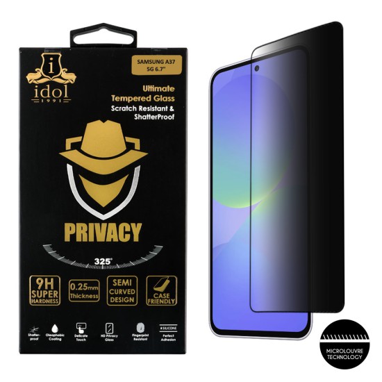 IDOL 1991 PRIVACY ANTISPY TEMPERED GLASS SAMSUNG A37 5G A376 6.7in 9H 0.25mm SEMI CURVED FULL GLUE BLACK