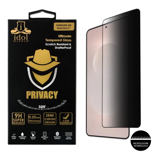 IDOL 1991 PRIVACY ANTISPY TEMPERED GLASS SAMSUNG S26 PLUS 5G 6.7in 9H 0.25mm 3D SEMI CURVED EDGE GLUE FINGER UNLOCK BLACK