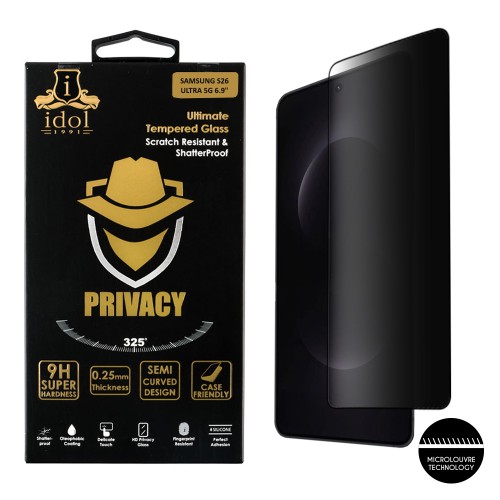 IDOL 1991 PRIVACY ANTISPY TEMPERED GLASS SAMSUNG S26 ULTRA 5G 6.9in 9H 0.25mm 3D SEMI CURVED EDGE GLUE FINGER UNLOCK BLACK
