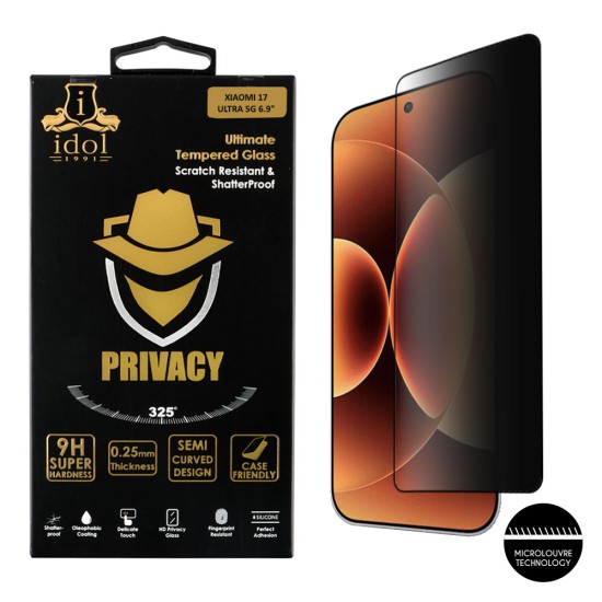 IDOL 1991 PRIVACY ANTISPY TEMPERED GLASS XIAOMI 17 ULTRA 5G 6.9in 9H 0.25mm SEMI CURVED FINGER UNLOCK FULL GLUE BLACK