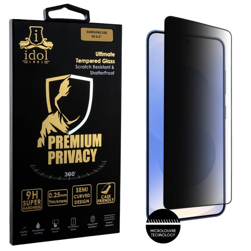 IDOL 1991 PREMIUM PRIVACY ANTISPY TEMPERED GLASS SAMSUNG S26 5G 6.3in 9H 0.25mm SEMI CURVED FINGER UNLOCK FULL GLUE BLACK