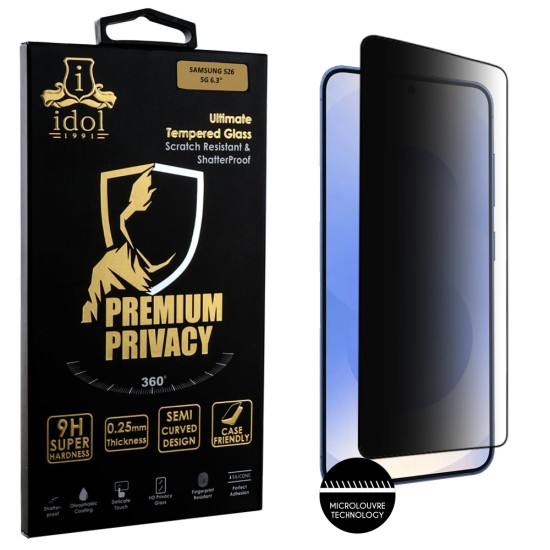 IDOL 1991 PREMIUM PRIVACY ANTISPY TEMPERED GLASS SAMSUNG S26 5G 6.3in 9H 0.25mm SEMI CURVED FINGER UNLOCK FULL GLUE BLACK