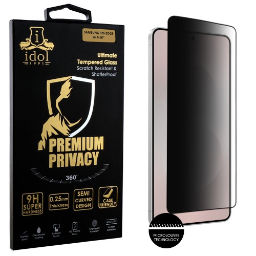 IDOL 1991 PREMIUM PRIVACY ANTISPY TEMPERED GLASS SAMSUNG S26 EDGE 5G 6.66in 9H 0.25mm SEMI CURVED FINGER UNLOCK FULL GLUE BLACK