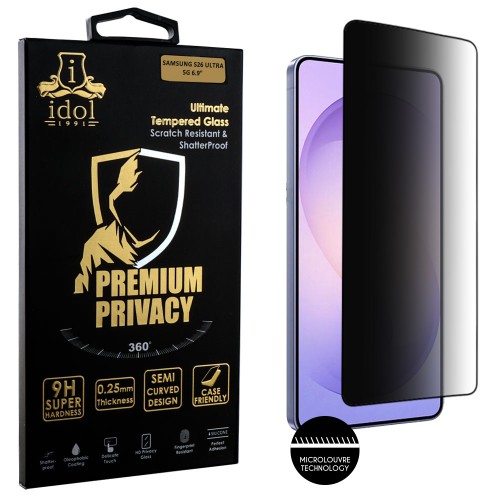 IDOL 1991 PREMIUM PRIVACY ANTISPY TEMPERED GLASS SAMSUNG S26 ULTRA 5G 6.9in 9H 0.25mm SEMI CURVED FINGER UNLOCK FULL GLUE BLACK