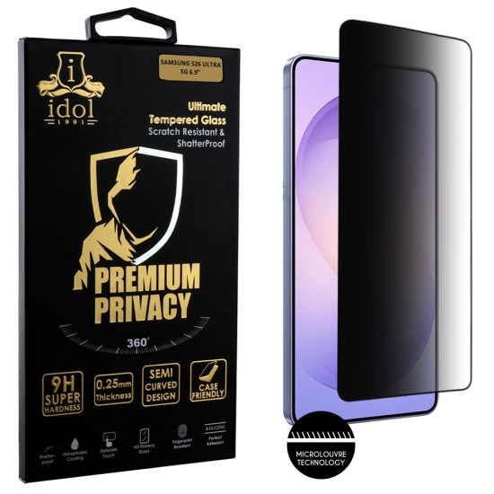 IDOL 1991 PREMIUM PRIVACY ANTISPY TEMPERED GLASS SAMSUNG S26 ULTRA 5G 6.9in 9H 0.25mm SEMI CURVED FINGER UNLOCK FULL GLUE BLACK