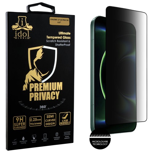 IDOL 1991 PREMIUM PRIVACY ANTISPY TEMPERED GLASS XIAOMI 17 ULTRA 5G 6.9in 9H 0.25mm SEMI CURVED FINGER UNLOCK FULL GLUE BLACK
