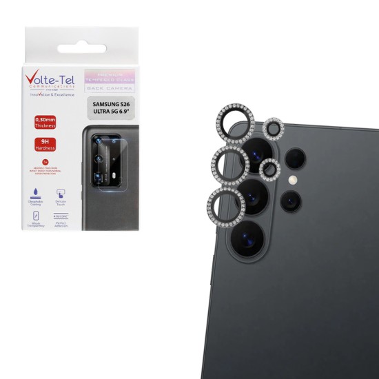VOLTE-TEL CAMERA GLASS COVER SAMSUNG S26 ULTRA 5G 6.9in 9H 0.33MM EASY APPLICATION WITH STRASS BLACK