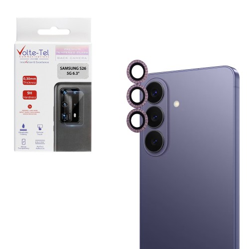 VOLTE-TEL CAMERA GLASS COVER SAMSUNG S26 5G 6.3in 9H 0.33MM EASY APPLICATION WITH STRASS LIGHT PURPLE