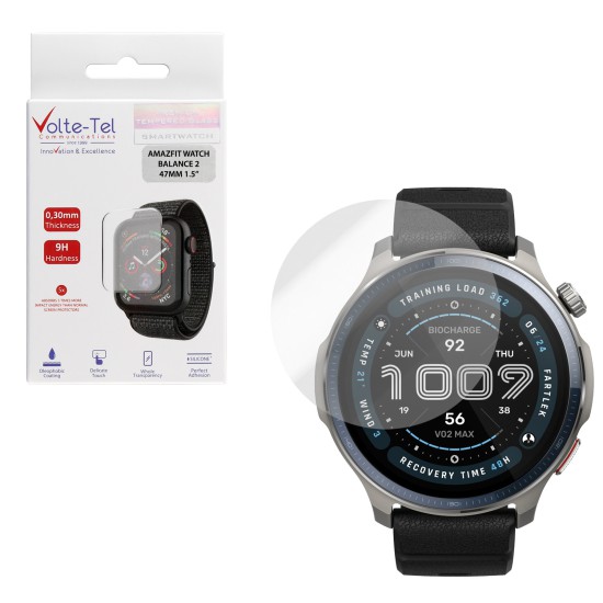VOLTE-TEL TEMPERED GLASS AMAZFIT WATCH BALANCE 2 47MM 1.5in 9H 0.30mm 2.5D FULL GLUE FULL COVER