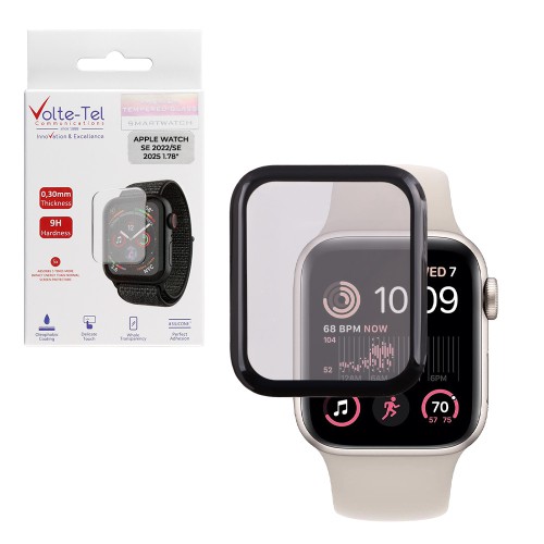 VOLTE-TEL PLEXI TEMPERED GLASS APPLE WATCH SE 2022/SE 2025 44mm 1.78in 3D EDGE 0.30mm FULL GLUE FULL COVER BLACK