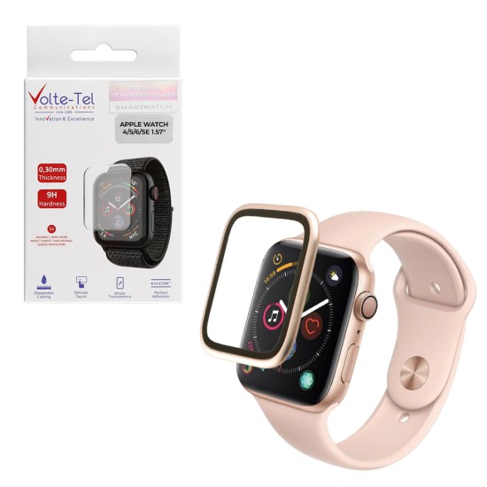 VOLTE-TEL ALUMINIUM TEMPERED GLASS APPLE WATCH 4/5/6/SE 40mm 3D CURVED 1.57in 0.30mm FULL COVER & INSTALLATION TOOL GOLD