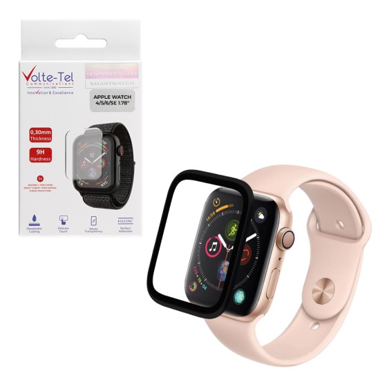 VOLTE-TEL ALUMINIUM TEMPERED GLASS APPLE WATCH 4/5/6/SE 44mm 3D CURVED 1.78in 0.30mm FULL COVER & INSTALLATION TOOL BLACK