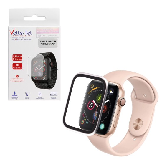 VOLTE-TEL ALUMINIUM TEMPERED GLASS APPLE WATCH 4/5/6/SE 44mm 3D CURVED 1.78in 0.30mm FULL COVER & INSTALLATION TOOL SILVER