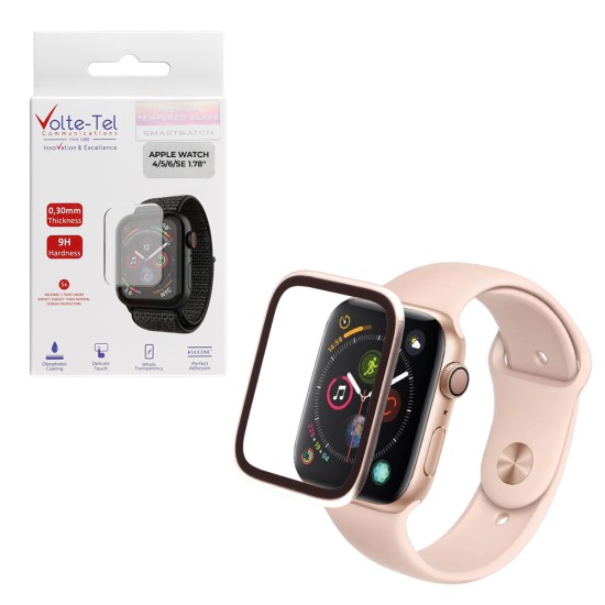 VOLTE-TEL ALUMINIUM TEMPERED GLASS APPLE WATCH 4/5/6/SE 44mm 3D CURVED 1.78in 0.30mm FULL COVER & INSTALLATION TOOL STARLIGHT
