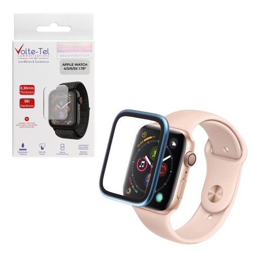 VOLTE-TEL ALUMINIUM TEMPERED GLASS APPLE WATCH 4/5/6/SE 44mm 3D CURVED 1.78in 0.30mm FULL COVER & INSTALLATION TOOL BLUE