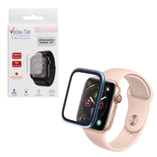 VOLTE-TEL ALUMINIUM TEMPERED GLASS APPLE WATCH 4/5/6/SE 44mm 3D CURVED 1.78in 0.30mm FULL COVER & INSTALLATION TOOL BLUE