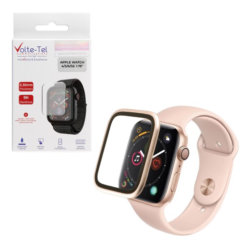VOLTE-TEL ALUMINIUM TEMPERED GLASS APPLE WATCH 4/5/6/SE 44mm 3D CURVED 1.78in 0.30mm FULL COVER & INSTALLATION TOOL GOLD