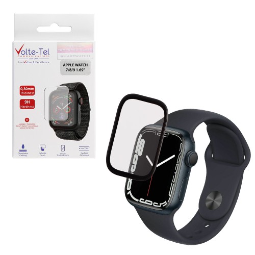 VOLTE-TEL ALUMINIUM TEMPERED GLASS APPLE WATCH 7/8/9 41mm 3D CURVED 1.69in 0.30mm FULL COVER & INSTALLATION TOOL BLACK