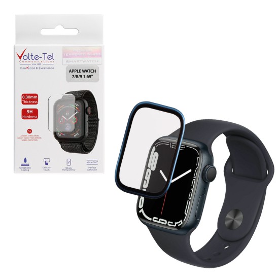 VOLTE-TEL ALUMINIUM TEMPERED GLASS APPLE WATCH 7/8/9 41mm 3D CURVED 1.69in 0.30mm FULL COVER & INSTALLATION TOOL BLUE