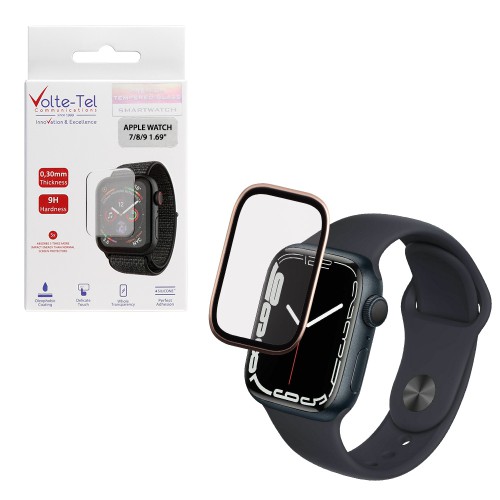 VOLTE-TEL ALUMINIUM TEMPERED GLASS APPLE WATCH 7/8/9 41mm 3D CURVED 1.69in 0.30mm FULL COVER & INSTALLATION TOOL GOLD