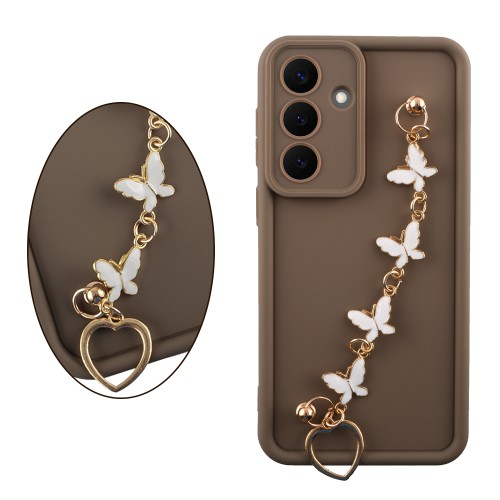VOLTE-TEL SILICON TPU WITH STRAP ΘΗΚΗ SAMSUNG S26 PLUS 5G S931 6.7in  FULL CAMERA PROTECTION BROWN WITH WHITE BUTTERFLIES