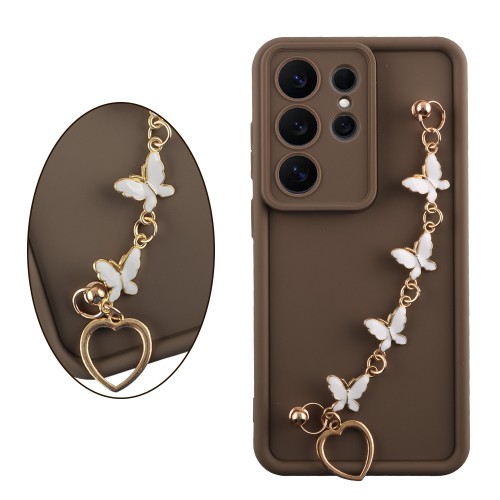 VOLTE-TEL SILICON TPU WITH STRAP ΘΗΚΗ SAMSUNG S26 ULTRA 5G S931 6.9in  FULL CAMERA PROTECTION BROWN WITH WHITE BUTTERFLIES